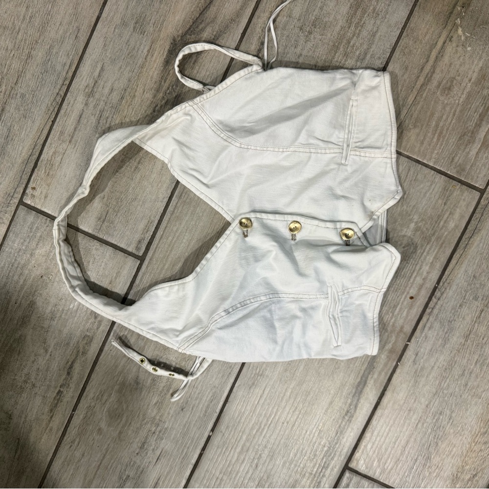 Zara White Denim Crop Top with Gold Buttons